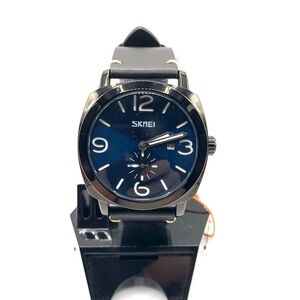 Men's Black Leather Strap Watch with Blue Dial